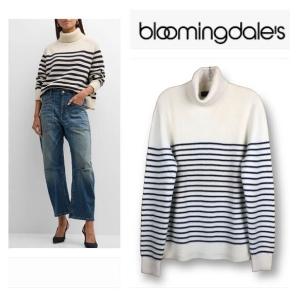 Bloomingdale’s Chunky Knit Striped Merino Wool Unisex Turtleneck Sweater Size L - Picture 1 of 9